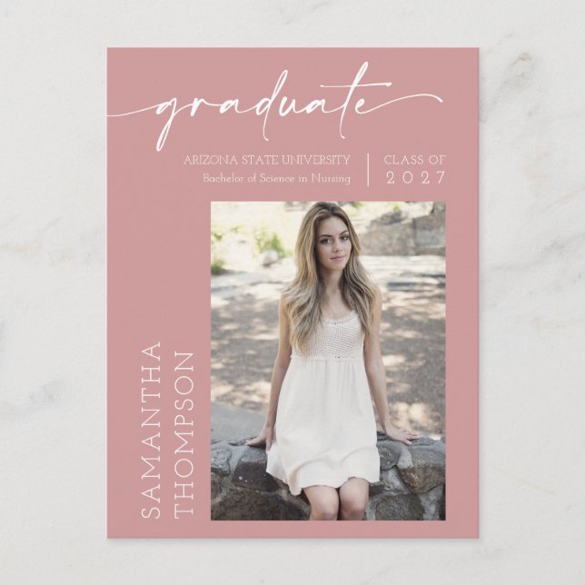 Dusty Pink Minimalist Script She Did It Photo Grad Postcard (Front)