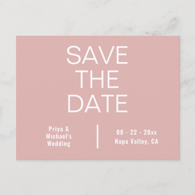 Dusty Pink Minimalist Typography Save The Date Announcement Postcard (Front)