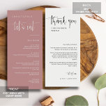 Dusty Pink Modern Minimal Thank You Placecard Menu<br><div class="desc">Check out this All-in-One Modern Minimalist Menu Table Escort Place Card with Thank You for your wedding or party event! This menu card features an elegant calligraphy script of "let's eat" on the front with a clean and simple block sans serif typography font on a dusty pink background and elegant...</div>
