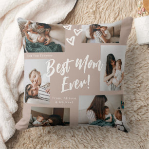 Dusty Pink Mom Script Typography 6 Photo Collage Throw Pillow