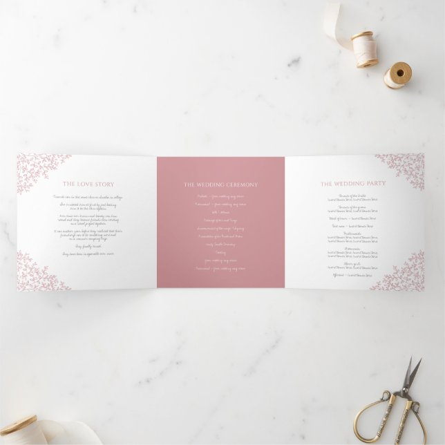 Dusty pink monogram art story dedication wedding Tri-Fold programme (Inside)