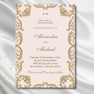 Dusty Pink Monogram Vintage Baroque Wedding Invitation