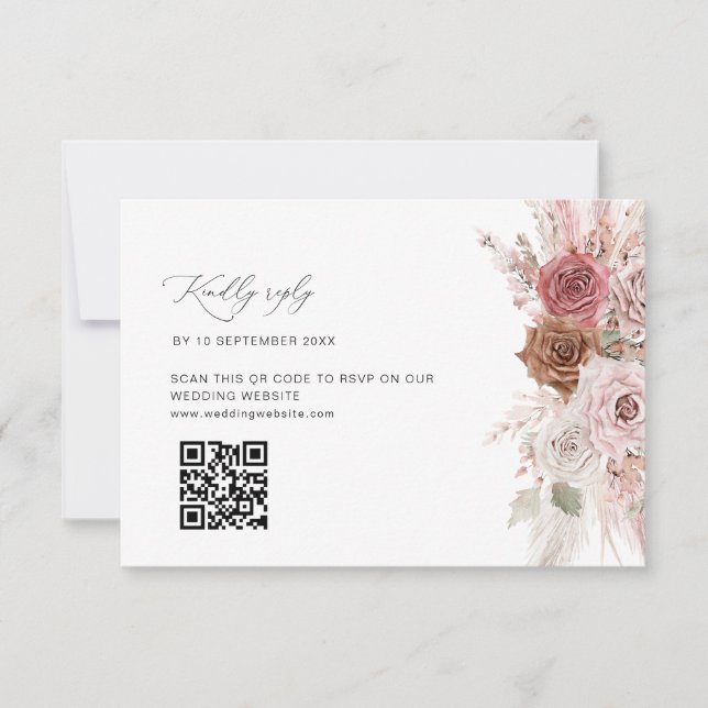 dusty pink pampas floral wedding QR code RSVP card (Front)