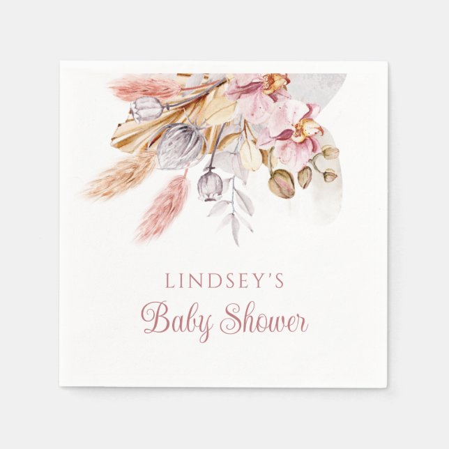 Dusty Pink Pampas Grass Boho Floral Baby Shower Napkin (Front)