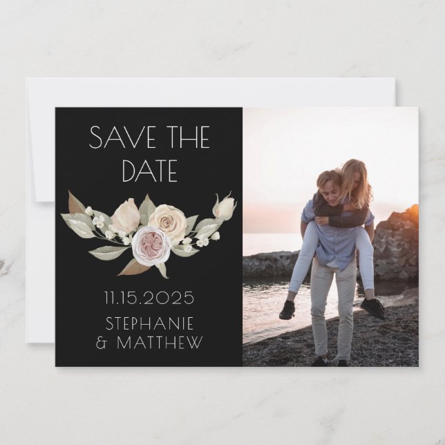 Dusty Pink Peach Botanical Photo Black Wedding Save The Date (Front)