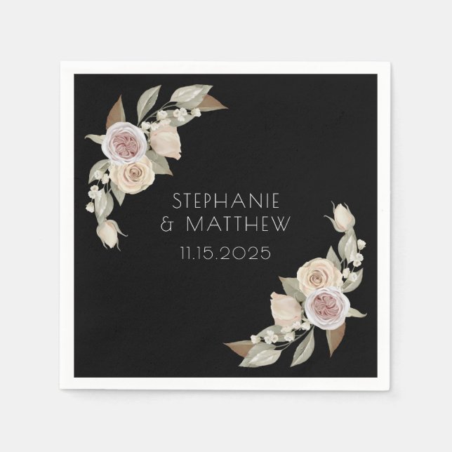 Dusty Pink Peach Rose Botanical Black Wedding Napkin (Front)