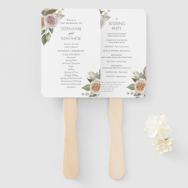 Dusty Pink Peach Rose Floral Wedding Program Hand Fan (Front and Back)