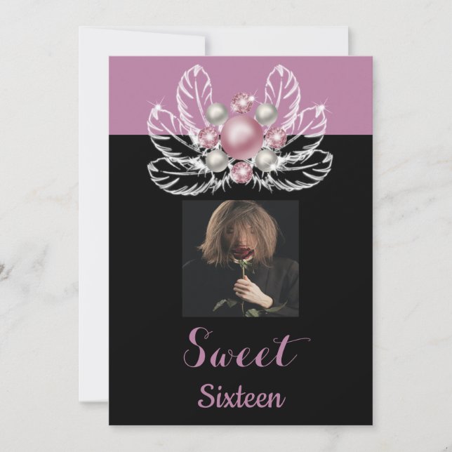Dusty Pink Pearls Brooch Feathers & Photo Sweet 16 Invitation (Front)