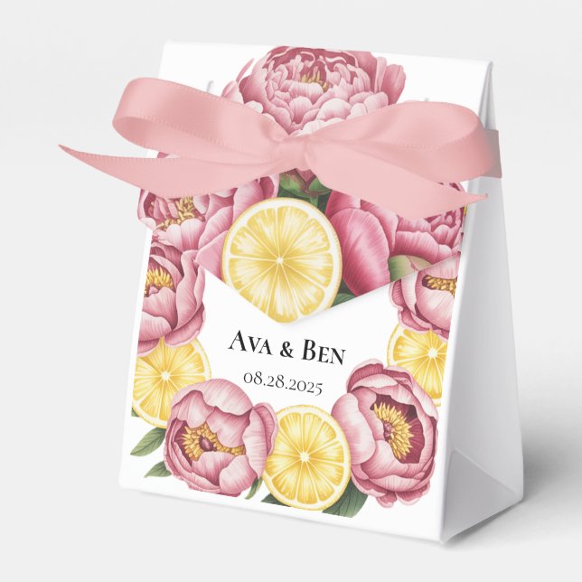 Dusty Pink Peonies and Lemon Wedding Favor Box (Front Side)