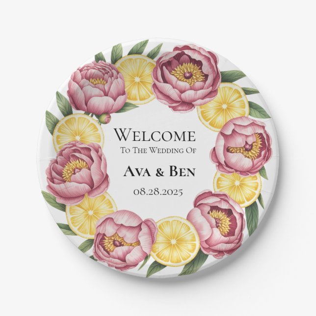 Dusty Pink Peonies and Lemon Wedding Paper Plates (Front)