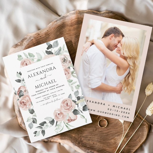 Dusty Pink Photo Floral Eucalyptus Wedding Invitation (Creator Uploaded)