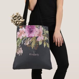 Dusty Pink Purple Floral Initial Monogram Tote Bag