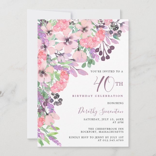 Dusty Pink Purple Wildflower 40th Birthday Invitation (Front)