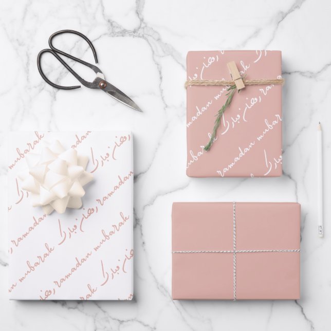 Dusty Pink Ramadan Mubarak Bilingual Wrapping Paper Sheet (Front)