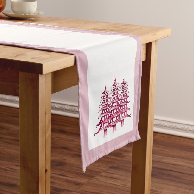 Dusty pink red Pagoda Christmas Trees  Medium Table Runner (In Situ)