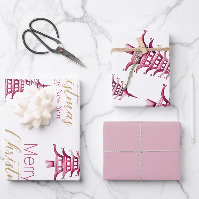 Dusty pink red Pagoda Wrapping Paper Sheet (Front)