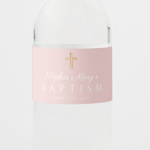 Dusty Pink Religious Cross Girl Baptism Water Bottle Label
