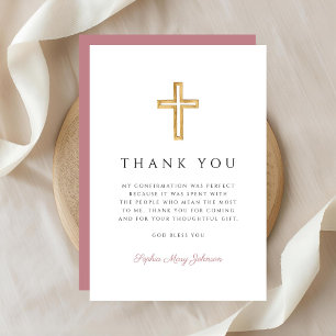 Dusty Pink Religious Cross Girl Confirmation Thank You Card