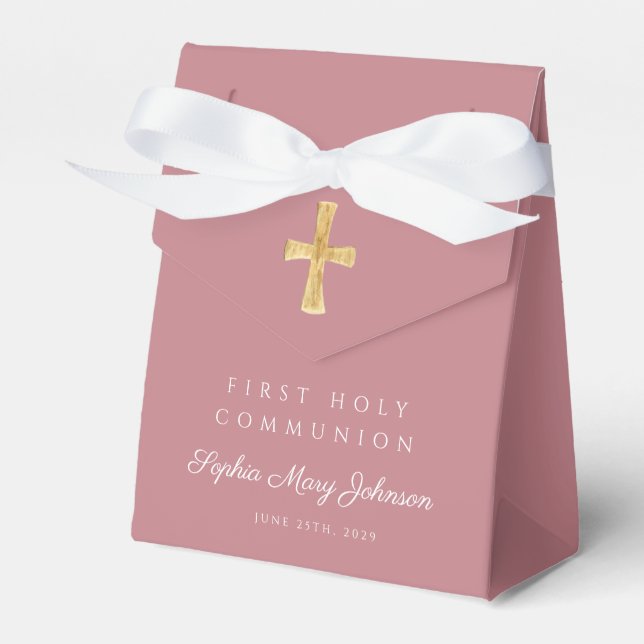 Dusty Pink Religious Cross Girl First Communion Favor Box (Front Side)