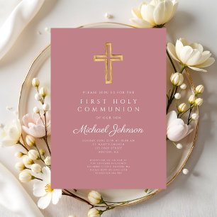 Dusty Pink Religious Cross Girl First Communion Invitation