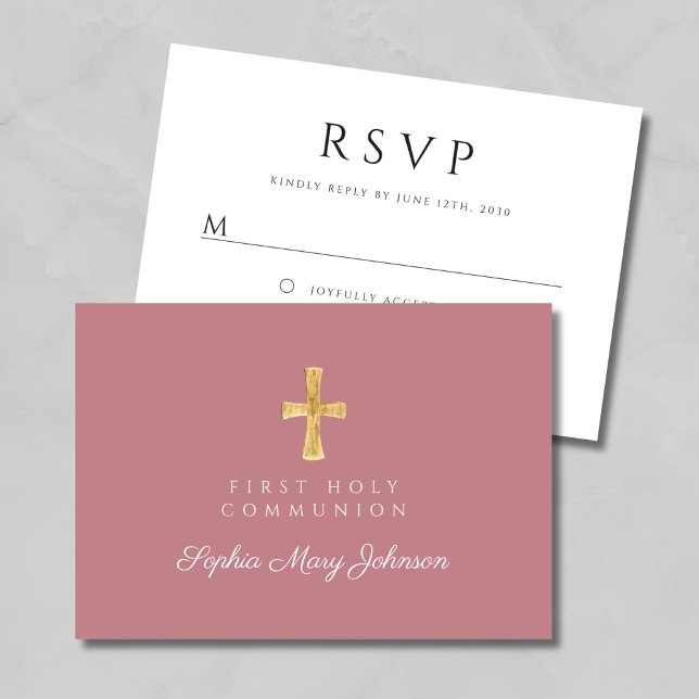 Dusty Pink Religious Cross Girl First Communion RSVP Card (Dusty Pink Religious Cross Girl First Communion RSVP Card)