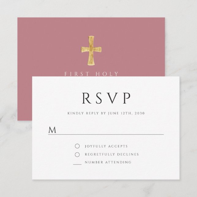 Dusty Pink Religious Cross Girl First Communion RSVP Card (Front/Back)