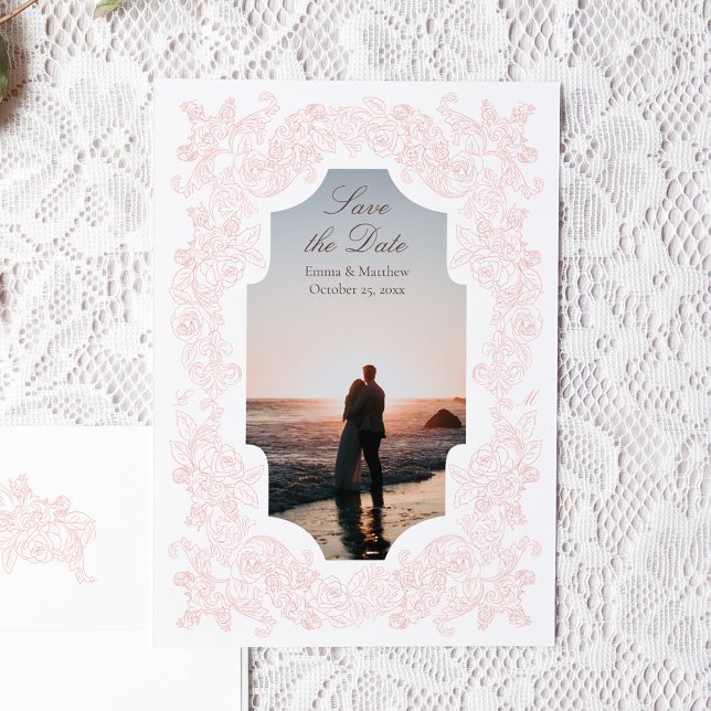 Dusty Pink Romantic Baroque Photo Save The Date (Romantic photo save the date card with victorian botanical ornament illustrations in blush pink)