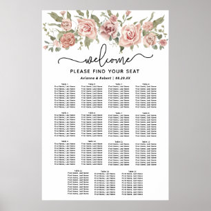 Dusty Pink Rose 15-Table Wedding Seating Chart