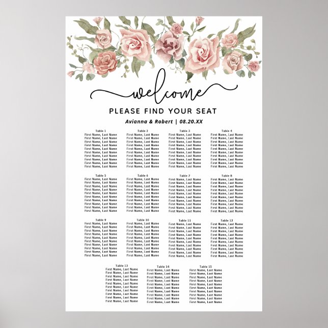 Dusty Pink Rose 15-Table Wedding Seating Chart (Front)