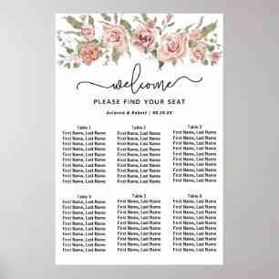Dusty Pink Rose 6-Table Wedding Seating Chart