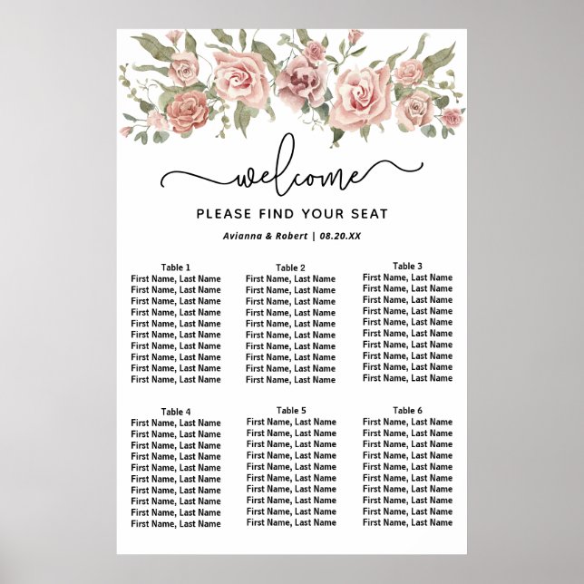 Dusty Pink Rose 6-Table Wedding Seating Chart (Front)
