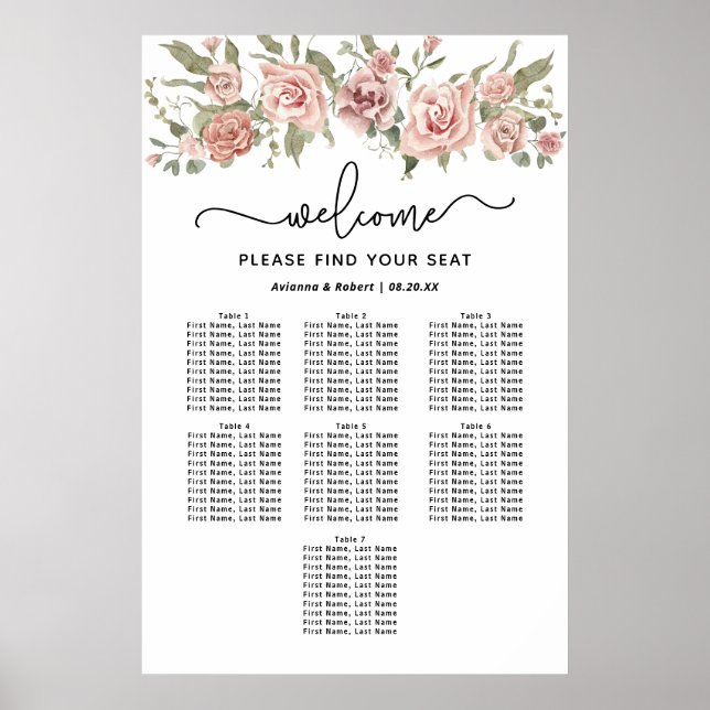 Dusty Pink Rose 7-Table Wedding Seating Chart (Front)