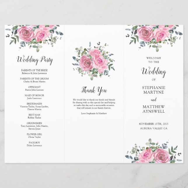 Dusty Pink Rose Eucalyptus Order of Service (Front)