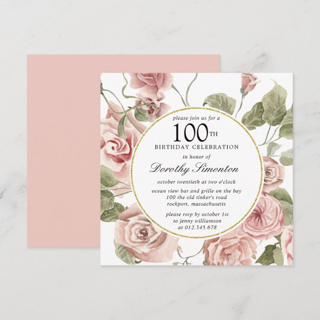 Dusty Pink Rose Floral 100th Birthday Invitation (Front/Back)