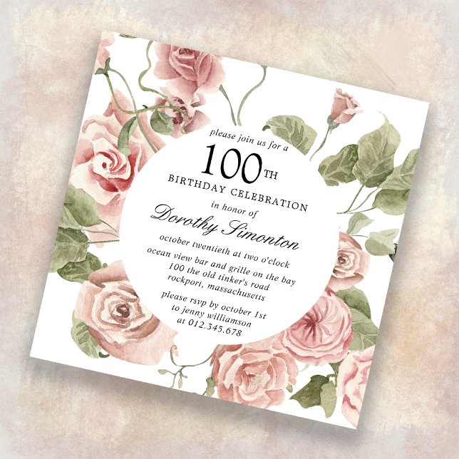 Dusty Pink Rose Floral 100th Birthday Invitation (Creator Uploaded)