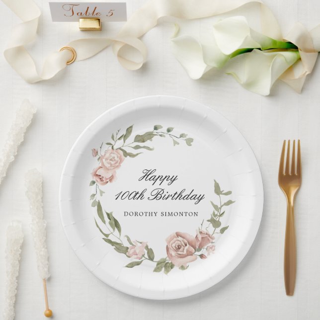 Dusty Pink Rose Floral 100th Birthday  Paper Plate (Wedding)