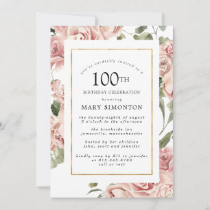Dusty Pink Rose Floral 100th Gold Birthday Party Invitation