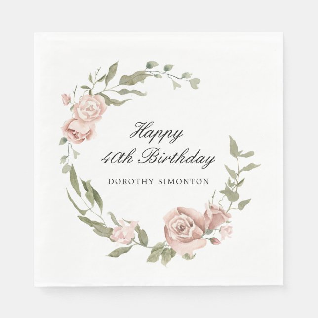 Dusty Pink Rose Floral 40th Birthday  Napkin (Front)