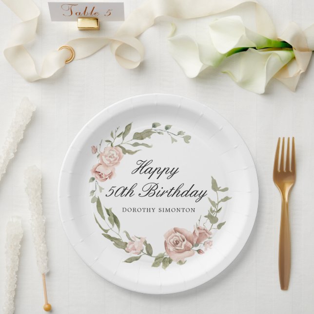 Dusty Pink Rose Floral 50th Birthday  Paper Plate (Wedding)