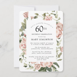 Dusty Pink Rose Floral 60th Birthday Party Invitation