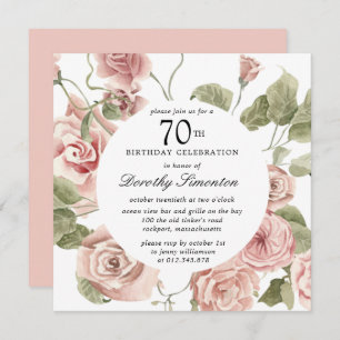 Dusty Pink Rose Floral 70th Birthday Invitation