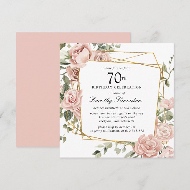 Dusty Pink Rose Floral 70th Birthday Invitation (Front/Back)