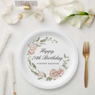 Dusty Pink Rose Floral 70th Birthday Paper Plate