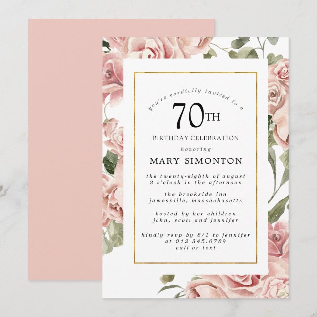 Dusty Pink Rose Floral 70th Gold Birthday Party Invitation (Front/Back)