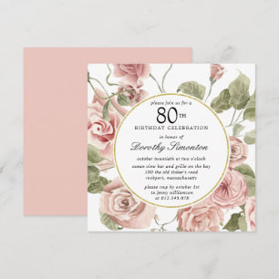 Dusty Pink Rose Floral 80th Birthday Invitation