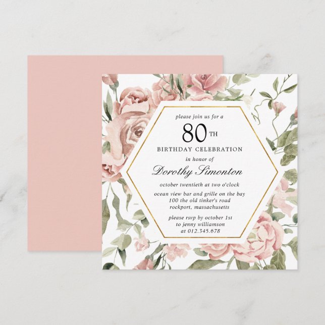 Dusty Pink Rose Floral 80th Birthday Invitation (Front/Back)