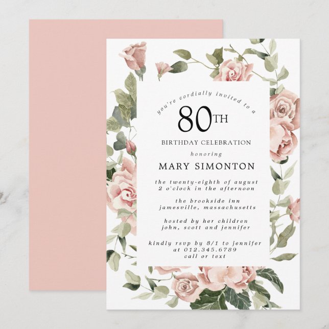 Dusty Pink Rose Floral 80th Birthday Party Invitation (Front/Back)