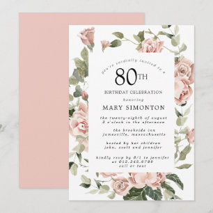Dusty Pink Rose Floral 80th Birthday Party Invitation