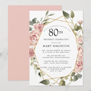 Dusty Pink Rose Floral 80th Birthday Party Invitation