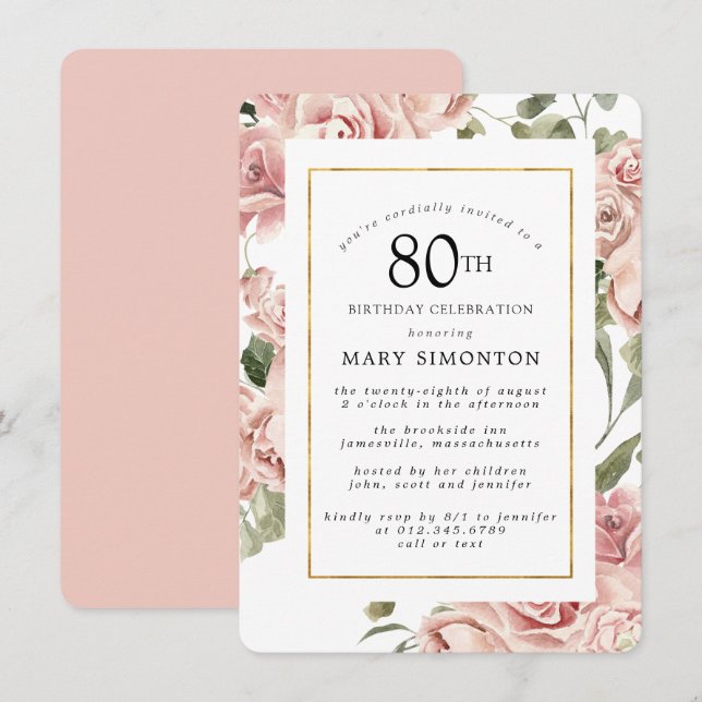 Dusty Pink Rose Floral 80th Gold Birthday Party Invitation (Front/Back)